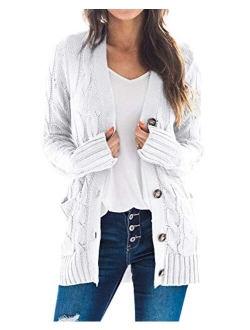 Goranbon Women's Cable Knit Cardigan Long Sleeve Open Front Button Down Knitwear Sweater Coat