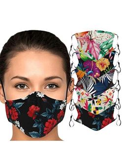 Gecau 5PC Adults Teacher Face Reusable Cotton Bandana_Covering_MASK, Flower Printed Washable Ear Loop Face Madks for Women Teens Outdoor Sports