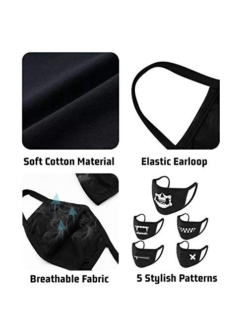 5PCS Fashion Face Protection, Adults Reusable Cotton Facial Protection with Skull Printed, Men Women Washable Face Protection Breathable Adjustable Face Bandanas