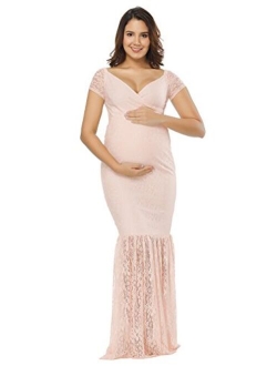 JustVH Women's Off Shoulder Short Sleeve V Neck Lace Maternity Gown Maxi Photography Dress