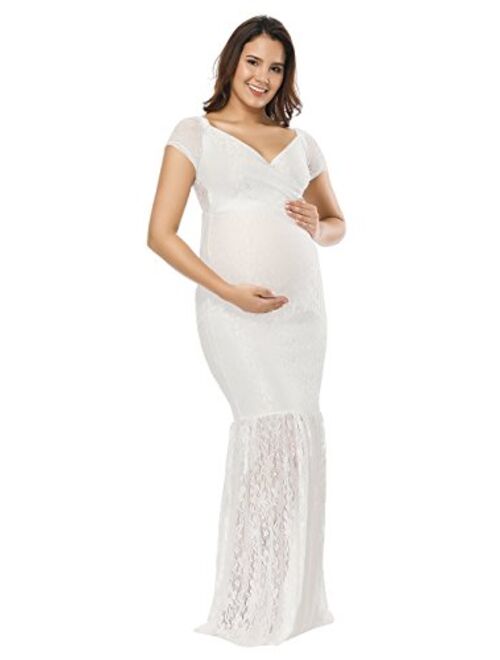 JustVH Women's Off Shoulder Short Sleeve V Neck Lace Maternity Gown Maxi Photography Dress