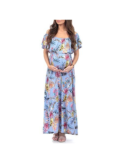 Mother Bee Maternity Open Shoulder Maternity Dress with Ruffles