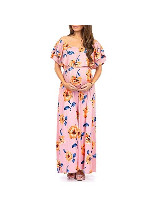 Mother Bee Maternity Open Shoulder Maternity Dress with Ruffles