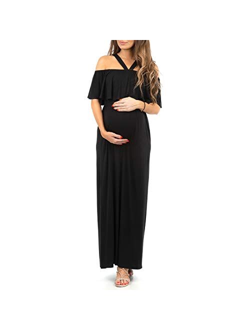 Mother Bee Maternity Open Shoulder Maternity Dress with Ruffles