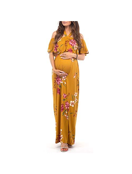 Mother Bee Maternity Open Shoulder Maternity Dress with Ruffles