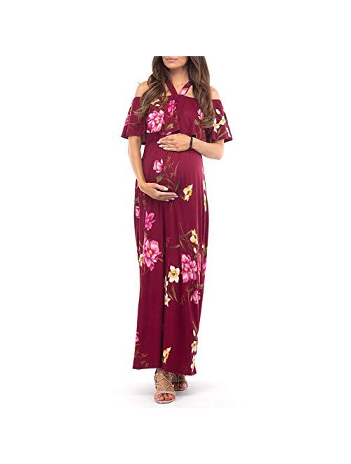 Mother Bee Maternity Open Shoulder Maternity Dress with Ruffles