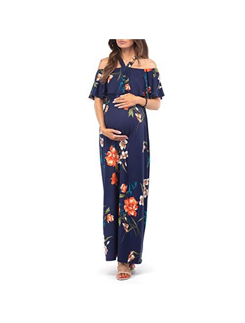 Mother Bee Maternity Open Shoulder Maternity Dress with Ruffles