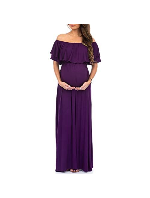 Mother Bee Maternity Open Shoulder Maternity Dress with Ruffles