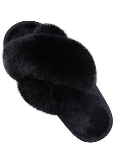 Women's Soft Plush Lightweight House Slippers Non Slip Cross Band Slip on Open Toe Cozy Indoor Outdoor Slippers