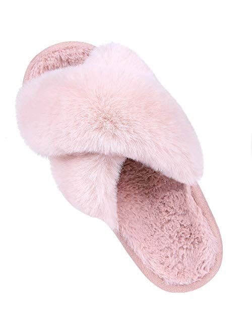 Women's Soft Plush Lightweight House Slippers Non Slip Cross Band Slip on Open Toe Cozy Indoor Outdoor Slippers