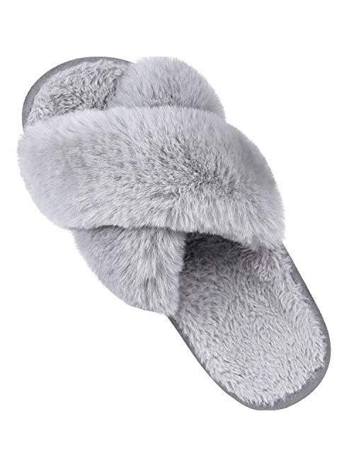 Women's Soft Plush Lightweight House Slippers Non Slip Cross Band Slip on Open Toe Cozy Indoor Outdoor Slippers