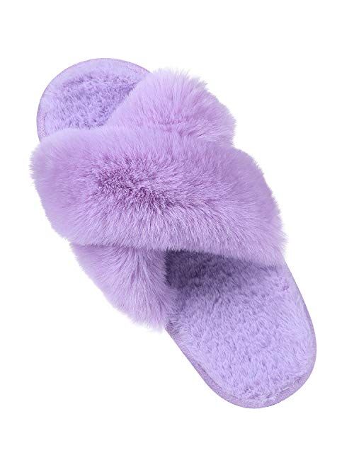 Women's Soft Plush Lightweight House Slippers Non Slip Cross Band Slip on Open Toe Cozy Indoor Outdoor Slippers