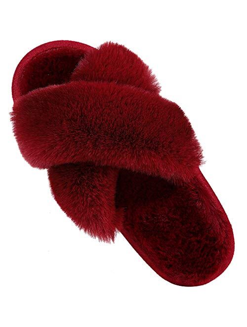 Women's Soft Plush Lightweight House Slippers Non Slip Cross Band Slip on Open Toe Cozy Indoor Outdoor Slippers