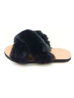 Women's Fuzzy Fluffy Furry Fur Slippers Flip Flop Open Toe Cozy House Memory Foam Sandals Slides Soft Flat Comfy Anti-Slip Spa Indoor Outdoor Slip on