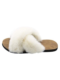 Women's Fuzzy Fluffy Furry Fur Slippers Flip Flop Open Toe Cozy House Memory Foam Sandals Slides Soft Flat Comfy Anti-Slip Spa Indoor Outdoor Slip on