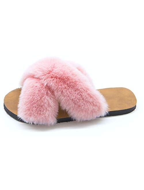 Women's Fuzzy Fluffy Furry Fur Slippers Flip Flop Open Toe Cozy House Memory Foam Sandals Slides Soft Flat Comfy Anti-Slip Spa Indoor Outdoor Slip on