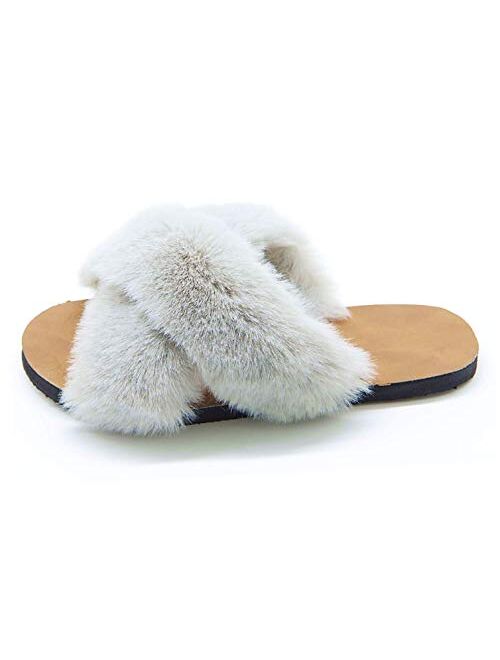 Women's Fuzzy Fluffy Furry Fur Slippers Flip Flop Open Toe Cozy House Memory Foam Sandals Slides Soft Flat Comfy Anti-Slip Spa Indoor Outdoor Slip on