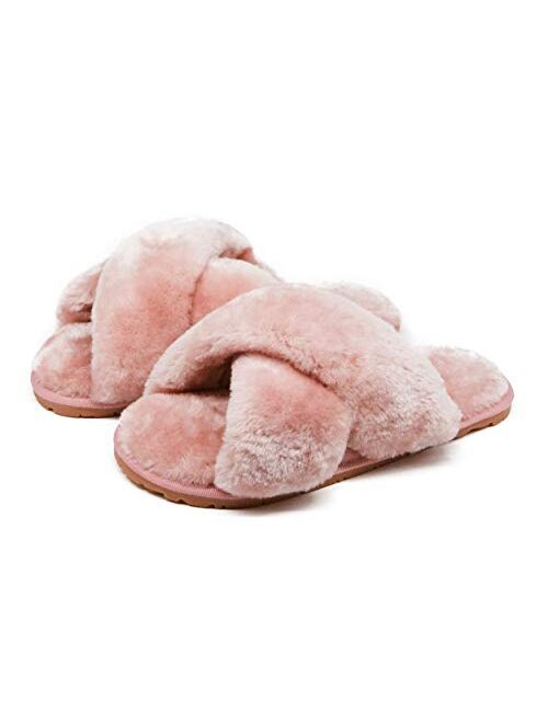 Women's Fuzzy Fluffy Furry Fur Slippers Flip Flop Open Toe Cozy House Memory Foam Sandals Slides Soft Flat Comfy Anti-Slip Spa Indoor Outdoor Slip on