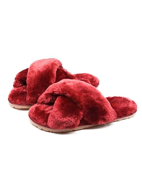 Women's Fuzzy Fluffy Furry Fur Slippers Flip Flop Open Toe Cozy House Memory Foam Sandals Slides Soft Flat Comfy Anti-Slip Spa Indoor Outdoor Slip on