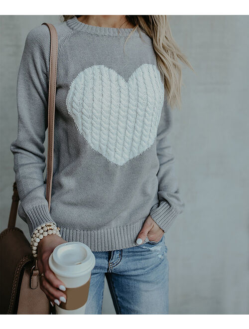 Adele Berto | Gray & White Cable-Knit Heart Crewneck Sweater - Women