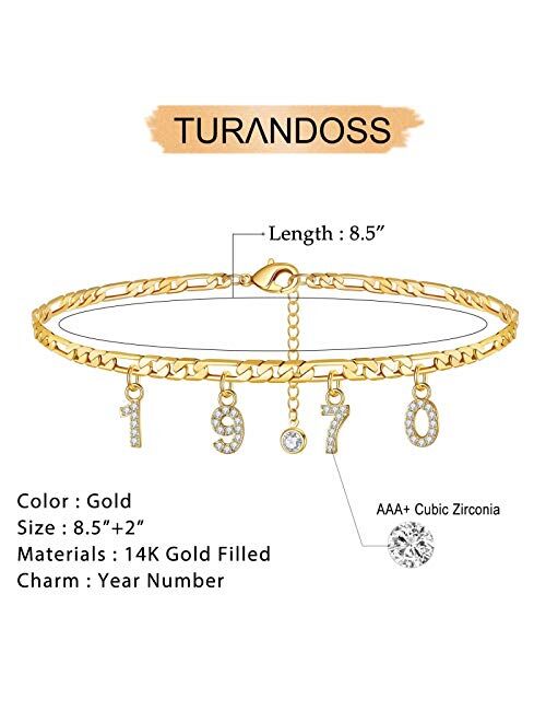 Turandoss Birth Year Number Ankle Bracelets for Women, 14K Gold Filled Dainty CZ Date Anklet Personalized Birth Year Number Ankle Bracelets for Women Beach Foot Jewelry