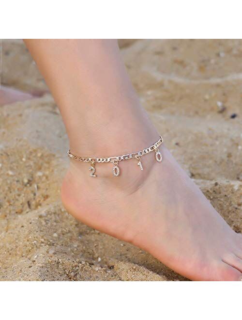 Turandoss Birth Year Number Ankle Bracelets for Women, 14K Gold Filled Dainty CZ Date Anklet Personalized Birth Year Number Ankle Bracelets for Women Beach Foot Jewelry