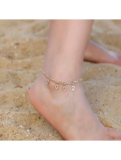 Turandoss Birth Year Number Ankle Bracelets for Women, 14K Gold Filled Dainty CZ Date Anklet Personalized Birth Year Number Ankle Bracelets for Women Beach Foot Jewelry