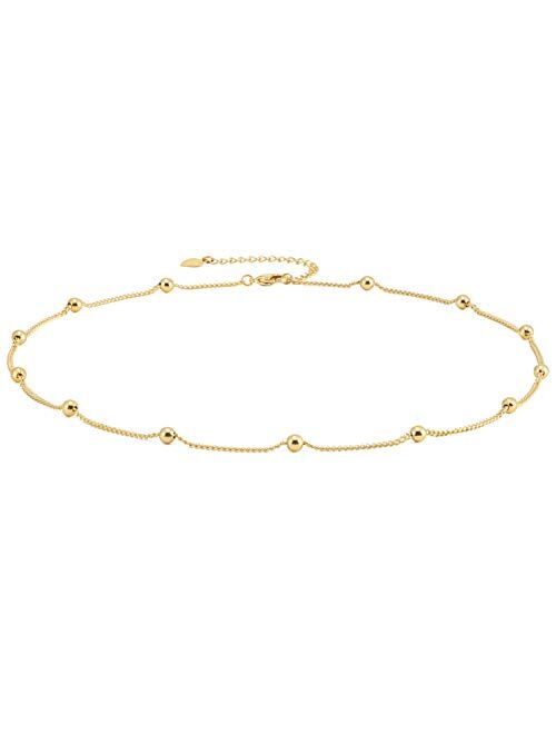 18k Gold Satellite Chain Choker Lava Bead Pendant Necklace Dainty Jewelry for Women 16''