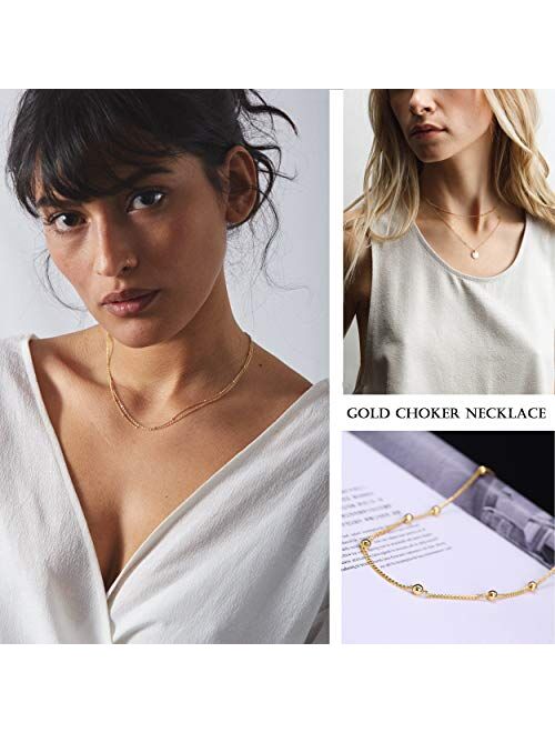 18k Gold Satellite Chain Choker Lava Bead Pendant Necklace Dainty Jewelry for Women 16''