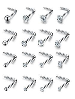 20G 16Pcs Stainless Steel Stud Nose Ring CZ L Shape Nose Body Piercing for Womens Mens