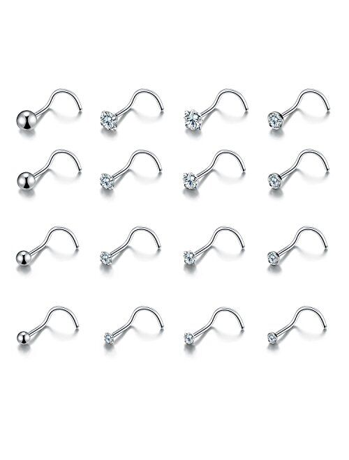 20G 16Pcs Stainless Steel Stud Nose Ring CZ L Shape Nose Body Piercing for Womens Mens