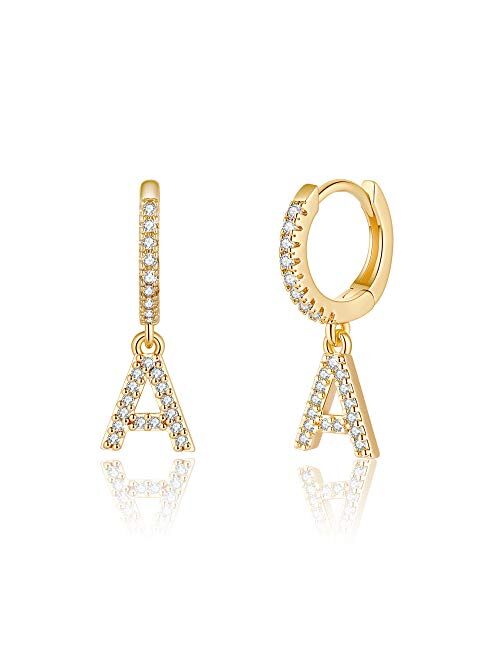 Initial Earrings for Girls Women, 925 Sterling Silver Post Hypoallergenic Small Huggie Hoop Earrings Gold Plated Cubic Zirconia Initial Earrings Jewelry Gifts for Girls W