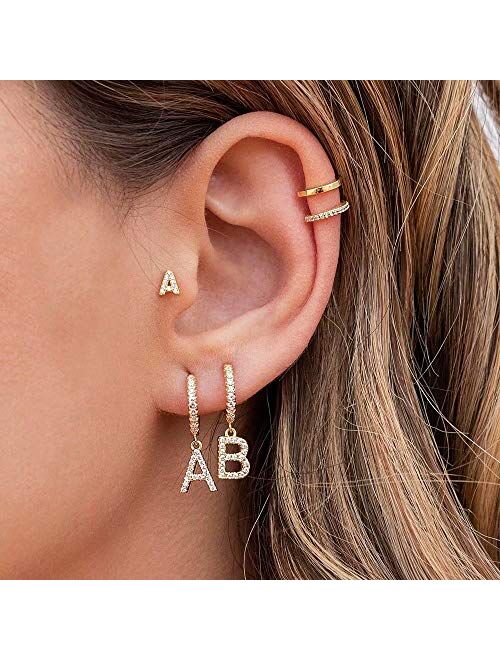 Initial Earrings for Girls Women, 925 Sterling Silver Post Hypoallergenic Small Huggie Hoop Earrings Gold Plated Cubic Zirconia Initial Earrings Jewelry Gifts for Girls W