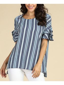 Suzanne Betro Weekend | Blue Stripe Ruffle-Sleeve Drop-Shoulder Tunic - Women & Plus