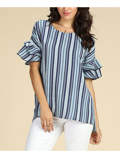 Suzanne Betro Weekend | Blue Stripe Ruffle-Sleeve Drop-Shoulder Tunic - Women & Plus