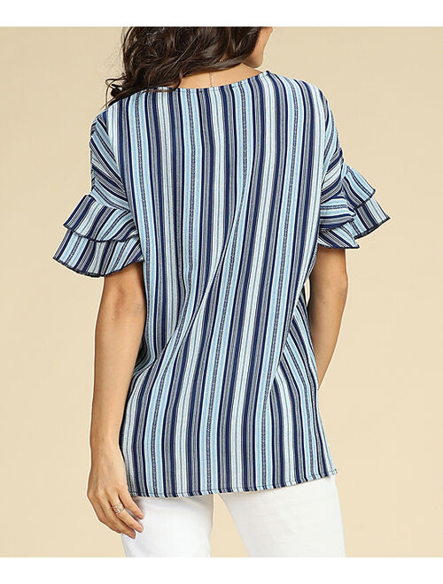 Suzanne Betro Weekend | Blue Stripe Ruffle-Sleeve Drop-Shoulder Tunic - Women & Plus