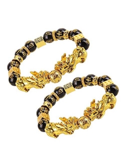 Goldenlight 2 Pcs Pi Xiu Bracelet Feng Shui Black Obsidian Wealth Bracelet for Women Men Adjustable Elastic