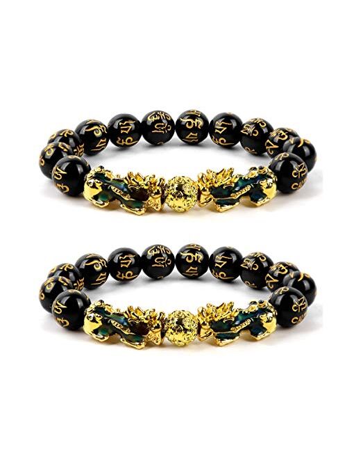 Goldenlight 2 Pcs Pi Xiu Bracelet Feng Shui Black Obsidian Wealth Bracelet for Women Men Adjustable Elastic