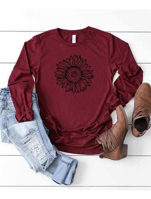 Simply Sage Market | Maroon & Black Sunflower Long-Sleeve Tee - Women