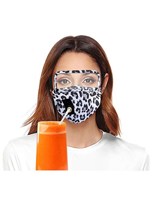 Cotton Leopard Camouflage Drinking Face_Cover with Hole for Straw, with Eyes Shield Removable (PVC) - Reusable Cotton Comfy Breathable Outdoor Fashion Face Protections Ma