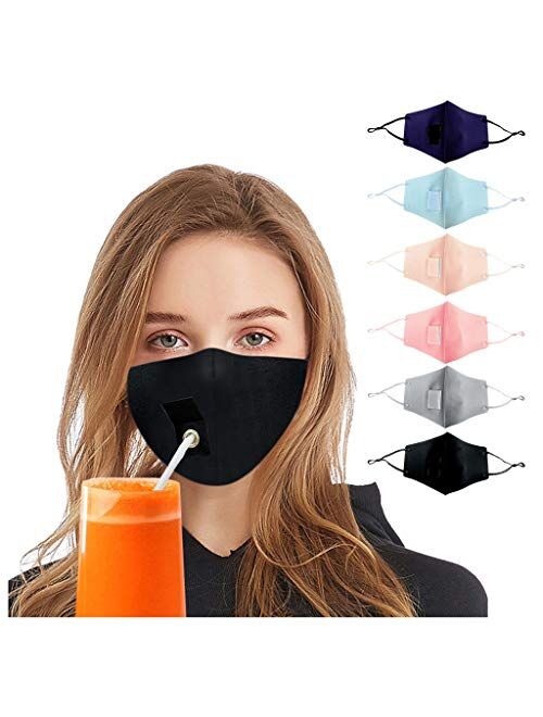 Adults Face Bandanas with Drinking Straw Hole, Reusable Mouth Nose Drink Protective Face Covering, Unisex Breathable Mouth Outdoor Protection Facial Towel for Women Men