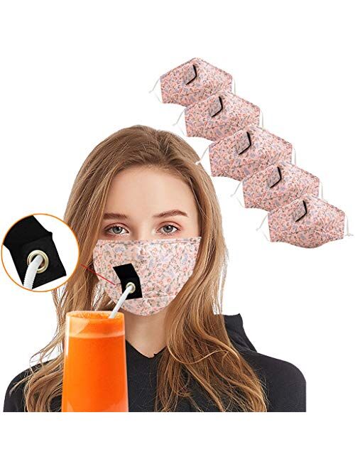 Adults Face Bandanas with Drinking Straw Hole, Reusable Mouth Nose Drink Protective Face Covering, Unisex Breathable Mouth Outdoor Protection Facial Towel for Women Men