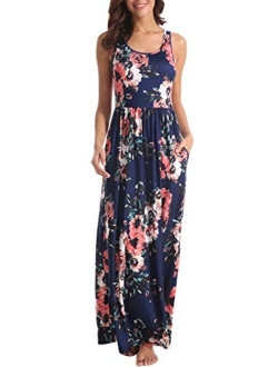 Zattcas Women Floral Maxi Dresses Sleeveless Casual Summer Long Dress with Pockets