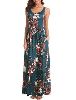 Zattcas Women Floral Maxi Dresses Sleeveless Casual Summer Long Dress with Pockets