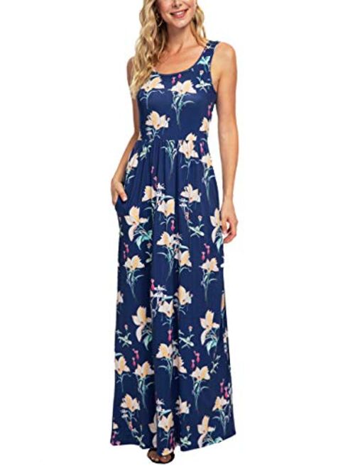 Zattcas Women Floral Maxi Dresses Sleeveless Casual Summer Long Dress with Pockets