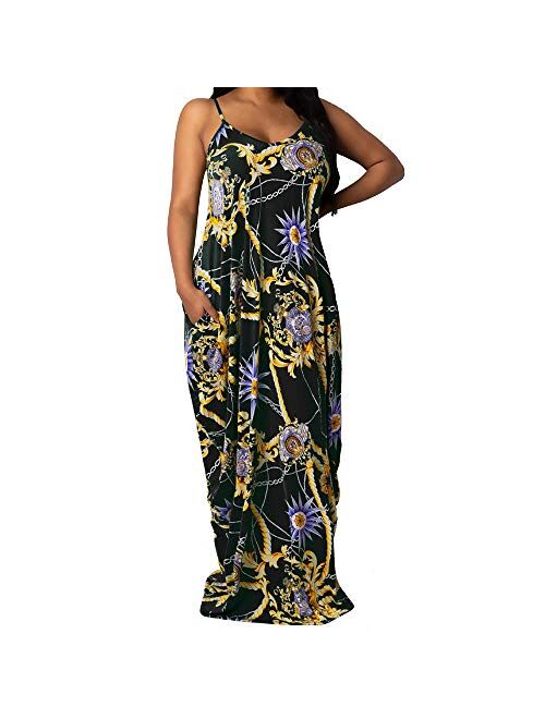 WOOSEN Womens Summer Suspender Maxi Dress Plus Size Striped Printed Sleeveless with Pockets and Belt