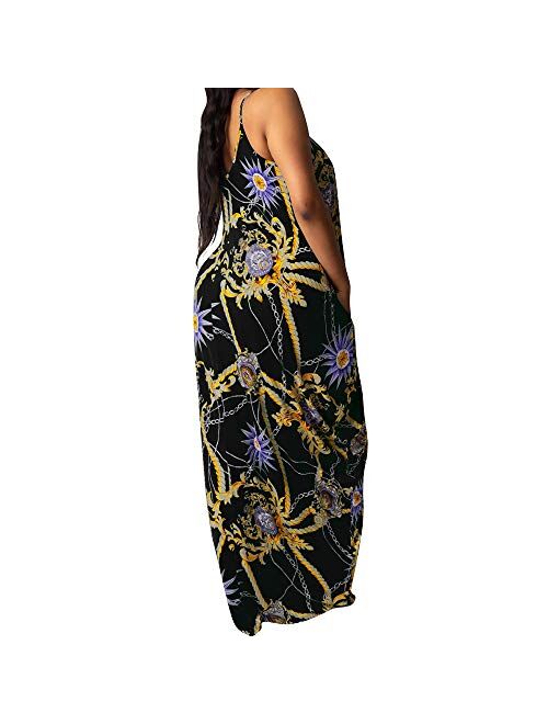 WOOSEN Womens Summer Suspender Maxi Dress Plus Size Striped Printed Sleeveless with Pockets and Belt