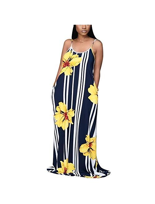 WOOSEN Womens Summer Suspender Maxi Dress Plus Size Striped Printed Sleeveless with Pockets and Belt