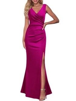 Sleeveless V Neck Side Slit Evening Cocktail Long Dress