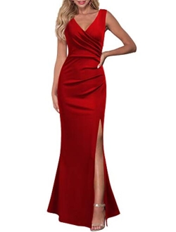 Sleeveless V Neck Side Slit Evening Cocktail Long Dress